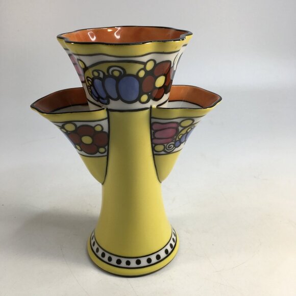 Noritake Art Deco Vase Design 3 Chamber Tulip Yellow Orange Blue Lusterware 7in - Picture 10 of 16
